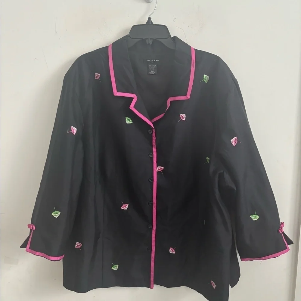 Silkland Jacket Silk Embroidered Umbrella Print Artsy Vintage Lounge Pink Trim
